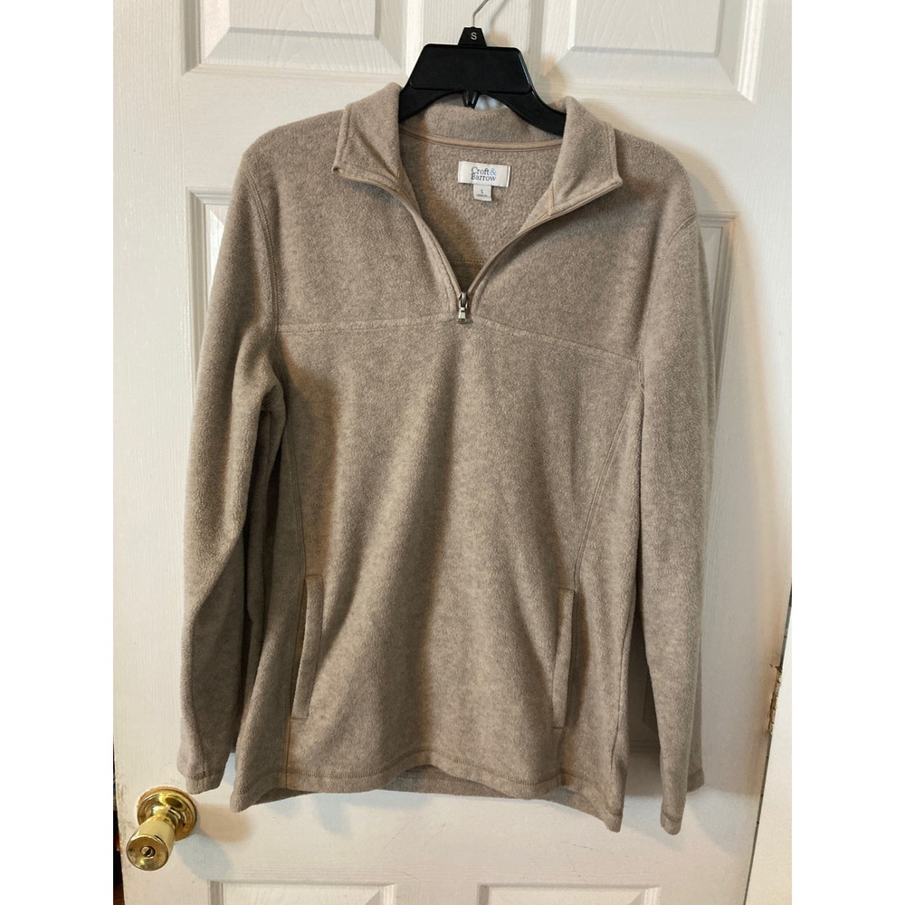 Croft & Barrow Mens Small Tan Oatmeal Heather Quarter Zip Fleece Pullover Jacket